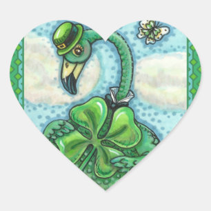 IRISH GREEN FLAMINGO, CUTE HAPPY ST. PATRICK'S DAY HEART STICKER