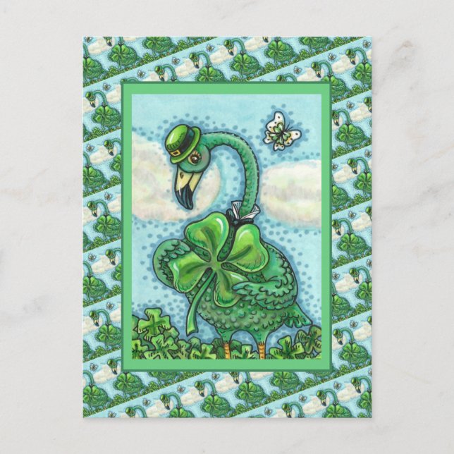 IRISH GREEN FLAMINGO, CUTE HAPPY ST. PATRICK'S DAY HOLIDAY POSTCARD (Front)