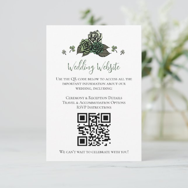 Irish Green Floral Skulls Wedding Website QR Code Enclosure Card (Standing Front)