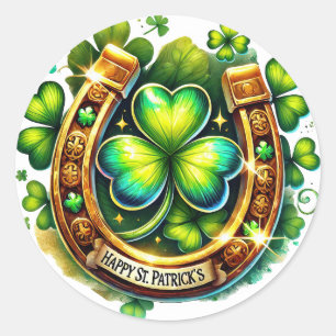 Irish Green Horseshoe Shamrocks Illustration Classic Round Sticker