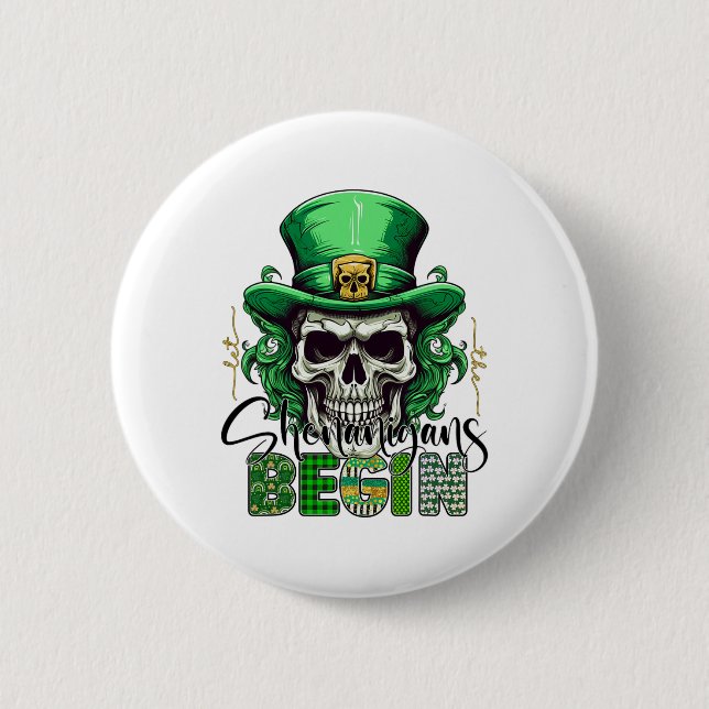 Irish Green Let The Shenanigans Begin Retro St Pat 2 Inch Round Button (Front)