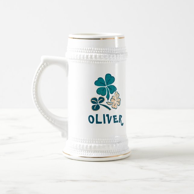 Irish Green Shamrock Clover Personalized Beer Stein (Left)