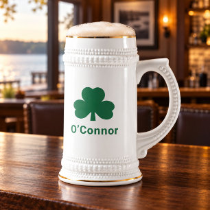 Irish Green Shamrock Custom Last Name Beer Stein