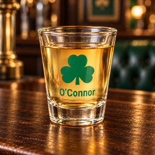 Irish Green Shamrock Custom Last Name Shot Glass