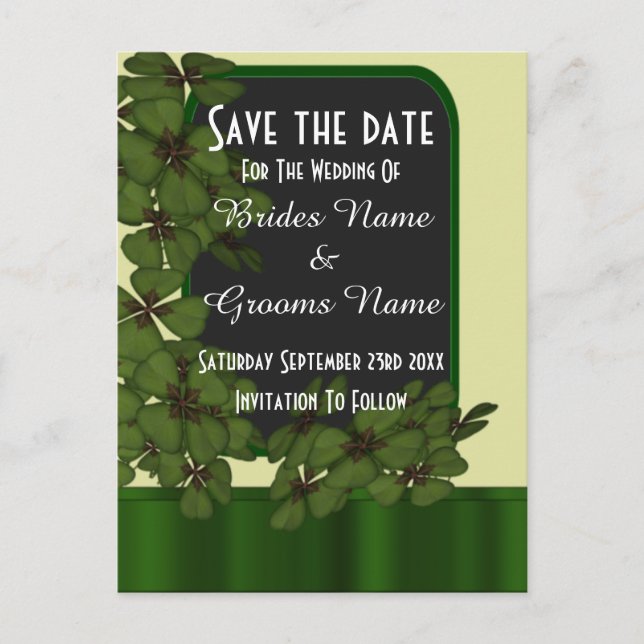 Irish green shamrock  save the date announcement postcard (Front)