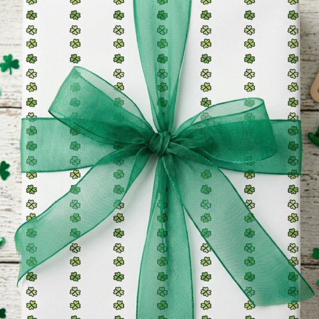 Irish Green Shamrock Stripes Wrapping Paper (Elegant Festive Lucky Four Leaf Clover Wrapping Paper. Green Shamrock Stripes for St Patrick's Day)