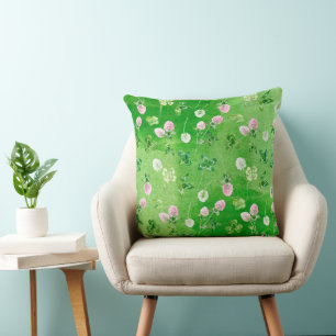 IRISH GREEN SHAMROCKS AND TINY PINK FLOWERS THROW PILLOW