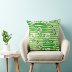IRISH GREEN SHAMROCKS AND TINY PINK FLOWERS THROW PILLOW