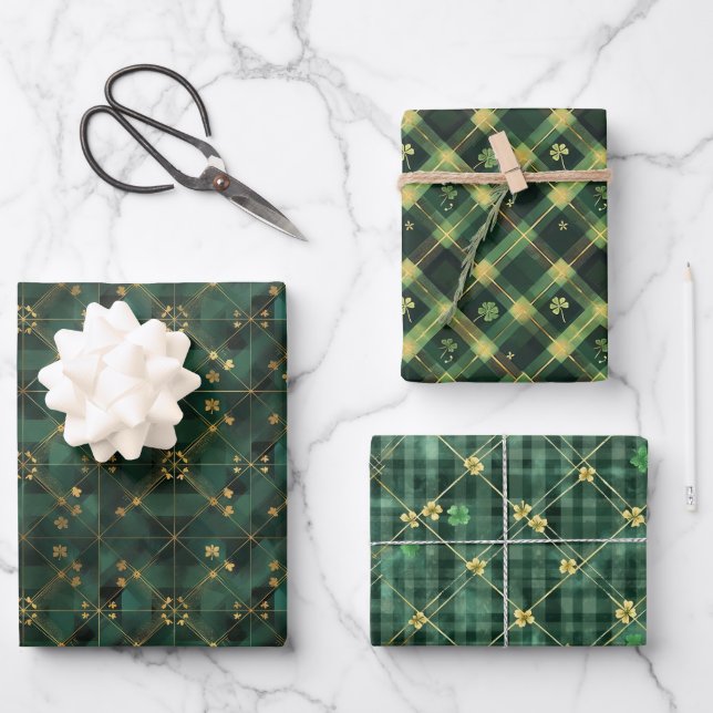Irish Green St. Patrick Tartan Plaid set 1 Wrapping Paper Sheet (Front)