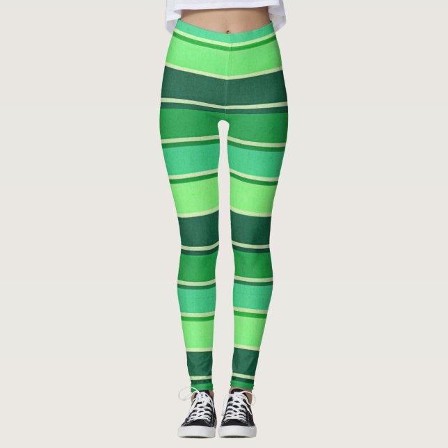 Irish Green Stripe Patern St Patrick's Day Leggings (Front)