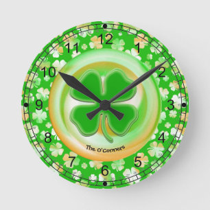 Irish Green/White/Orange Shamrock Pattern Round Clock