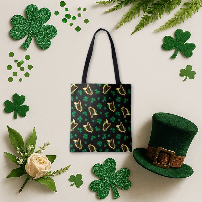 Irish Harp and Shamrock Pattern Black Tote Bag (Creator Uploaded)