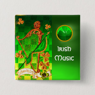 IRISH HARP, GREEN GOLD SHAMROCKS St Patrick's Day 2 Inch Square Button