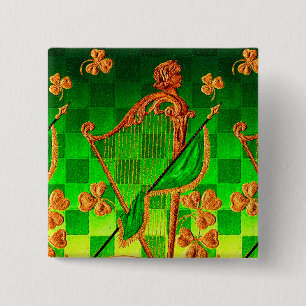 IRISH HARP, GREEN GOLD SHAMROCKS St Patrick's Day 2 Inch Square Button