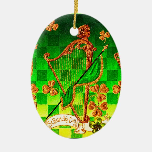 IRISH HARP, GREEN GOLD SHAMROCKS St Patrick's Day Ceramic Ornament (Front)