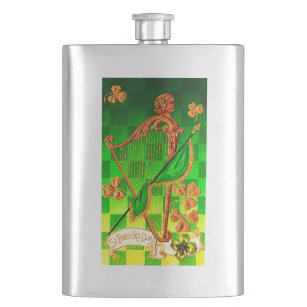 IRISH HARP, GREEN GOLD SHAMROCKS St Patrick's Day Hip Flask