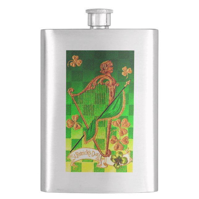 IRISH HARP, GREEN GOLD SHAMROCKS St Patrick's Day Hip Flask (Front)