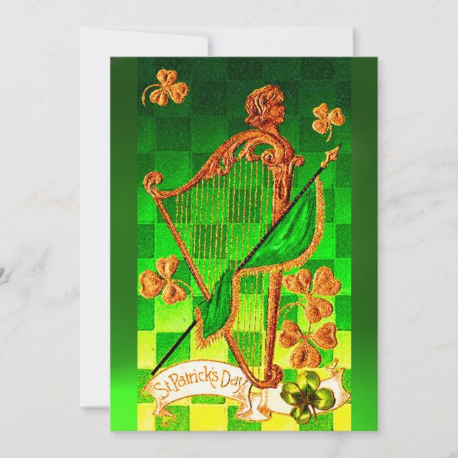 IRISH HARP, GREEN GOLD SHAMROCKS St Patrick's Day Invitation (Front)