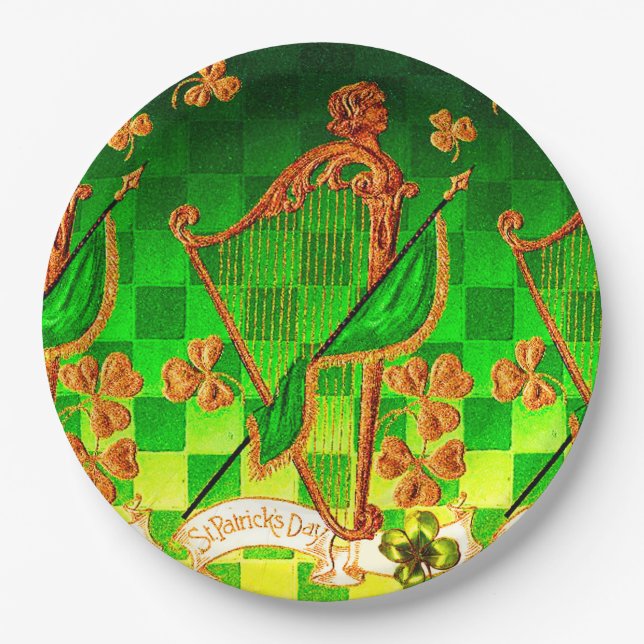 IRISH HARP, GREEN GOLD SHAMROCKS St Patrick's Day Paper Plate (Front)