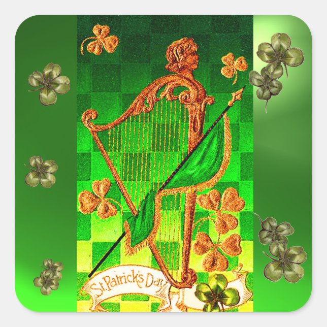 IRISH HARP, GREEN GOLD SHAMROCKS St Patrick's Day Square Sticker (Front)