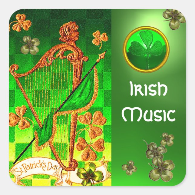 IRISH HARP, GREEN GOLD SHAMROCKS St Patrick's Day Square Sticker (Front)