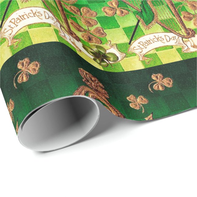 IRISH HARP, GREEN GOLD SHAMROCKS St Patrick's Day Wrapping Paper (Roll Corner)