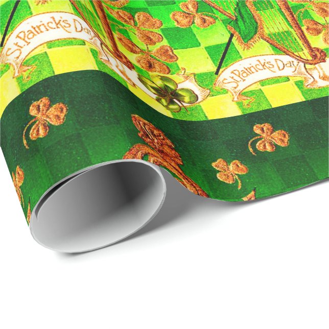IRISH HARP, GREEN GOLD SHAMROCKS St Patrick's Day Wrapping Paper (Roll Corner)