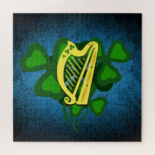 Irish harp shamrock, green shamrocks 4 leaf clover jigsaw puzzle