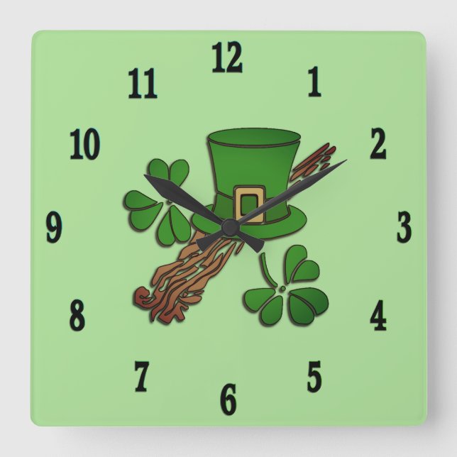 Irish Hat and Shamrocks Black Numbers Square Wall Clock (Front)