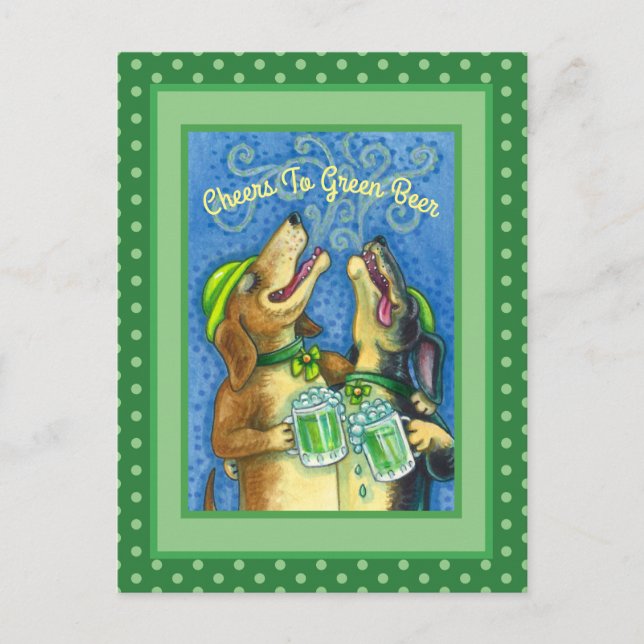IRISH HOUND DOGS, ST. PATRICK'S DAY GREEN BEER POSTCARD (Front)