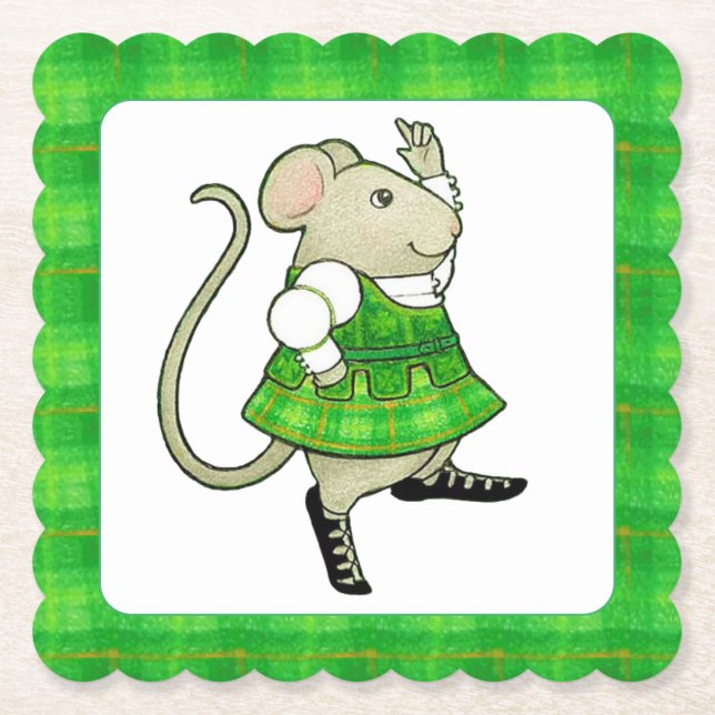 IRISH JIG MOUSE Scalloped Square Paper Coasters  (Front)