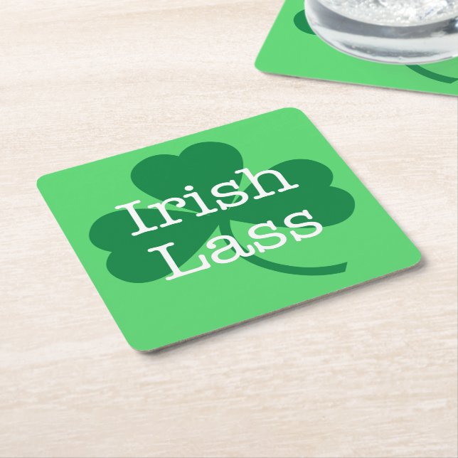 Irish Lass Green Shamrock St. Patrick's Day Party Square Paper Coaster (Angled)