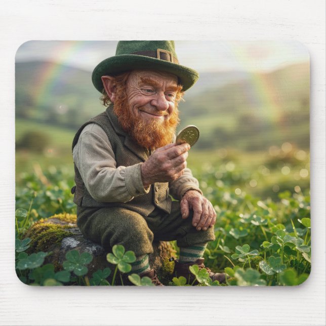 Irish Leprechaun Admiring a Gold Coin Mouse Pad (Front)