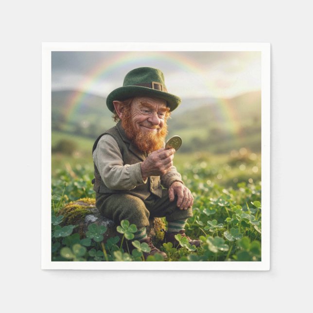 Irish Leprechaun Admiring a Gold Coin Napkin (Front)