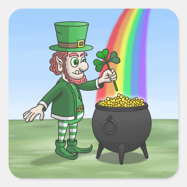 Irish leprechaun and the pot full of gold square sticker (Front)