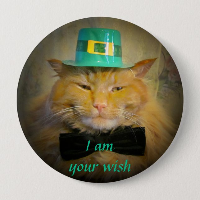 Irish Leprechaun Cat Wish 4 Inch Round Button (Front)