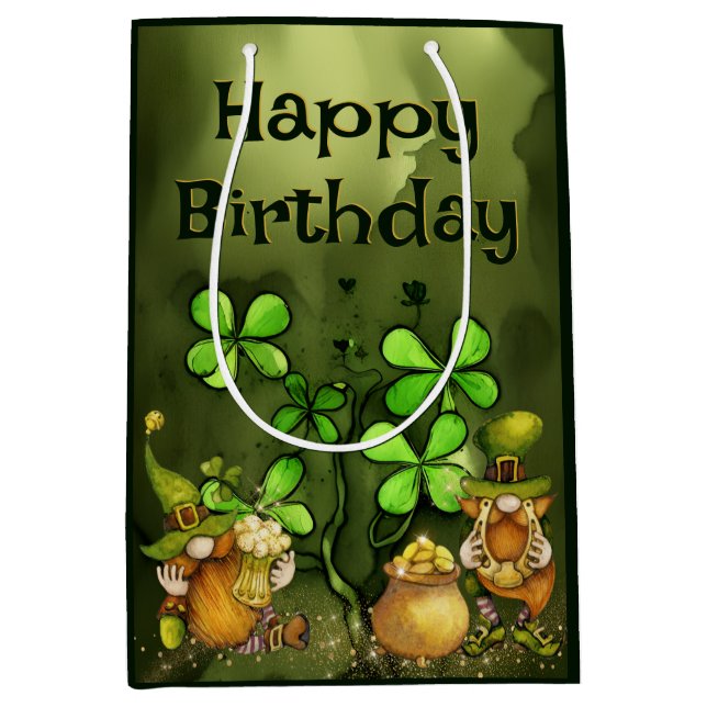 Irish Leprechaun Gnomes and Clovers Happy Birthday Medium Gift Bag (Front)