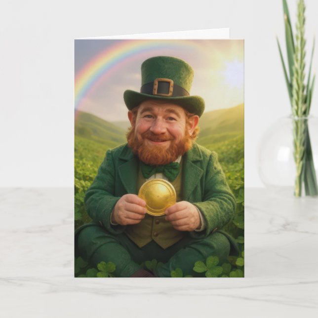 Irish Leprechaun Holding a Gold Coin Card (Front)