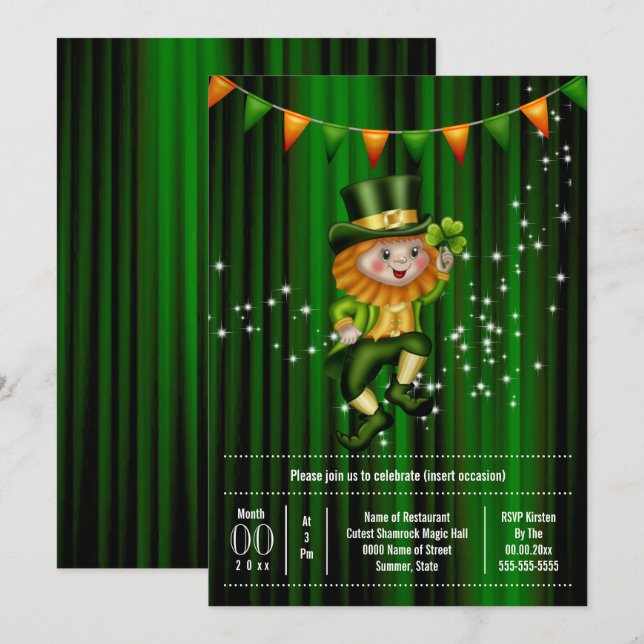 Irish leprechaun jig shamrock bunting holiday invitation (Front/Back)