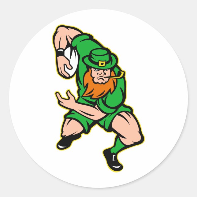 Irish leprechaun rugby player running ball classic round sticker (Front)