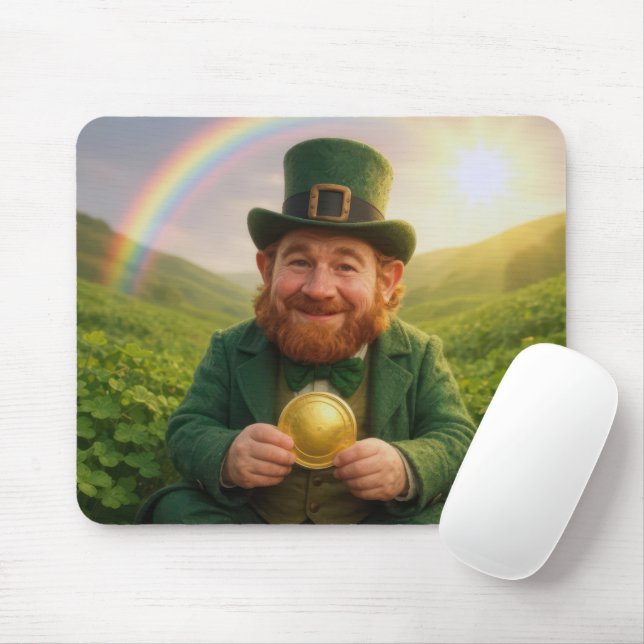 Irish Leprechaun With Gold Coin and Rainbow Mouse Pad (With Mouse)