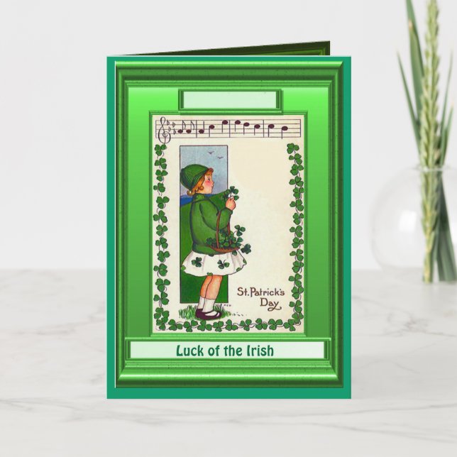 Irish Luck,  Girl with shamrocks and music Card (Front)