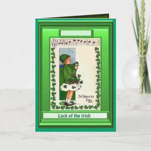 Irish Luck, Girl with shamrocks and music Card
