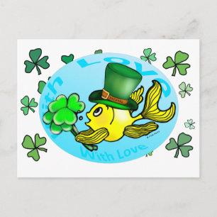 IRISH LUCK GOLDFISH wearing hat and shamrocks cute Postcard