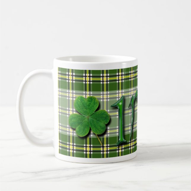 Irish Lucky Charming Clover Shamrock Green Tartan Coffee Mug (Left)