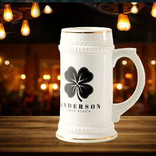Irish Lucky Four Black Leaf Clover with Name Beer Stein