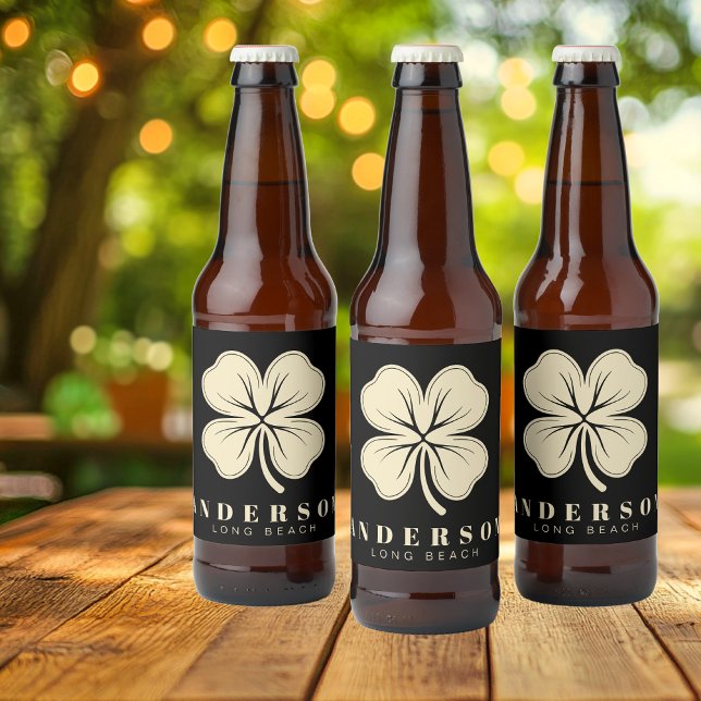 Irish Lucky Four Leaf Clover with Name Black Beer Bottle Label (Creator Uploaded)