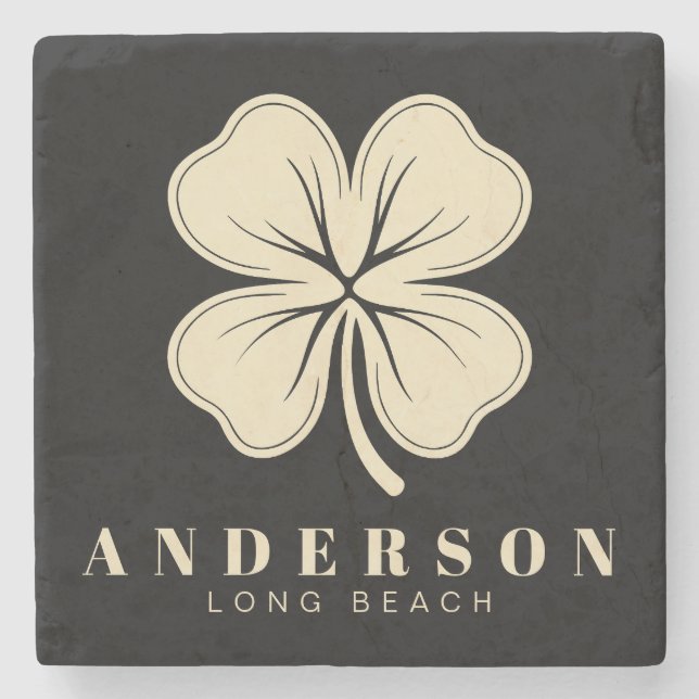 Irish Lucky Four Leaf Clover with Name Black Stone Coaster (Front)