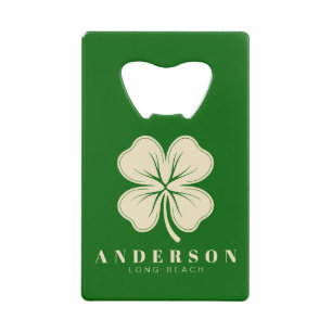 Irish Lucky Four Leaf Clover with Name Green Credit Card Bottle Opener