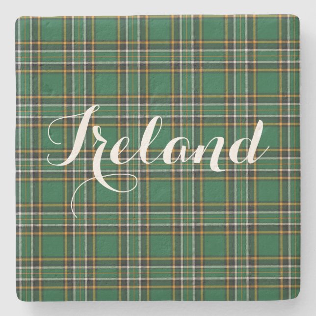 Irish National Tartan & Customizable Text Stone Coaster (Front)